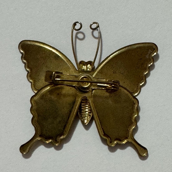 Vintage Butterfly Pinback Brooch Pin Gold Brass Enameled Pink Blue Purple 1970s - Picture 5 of 10